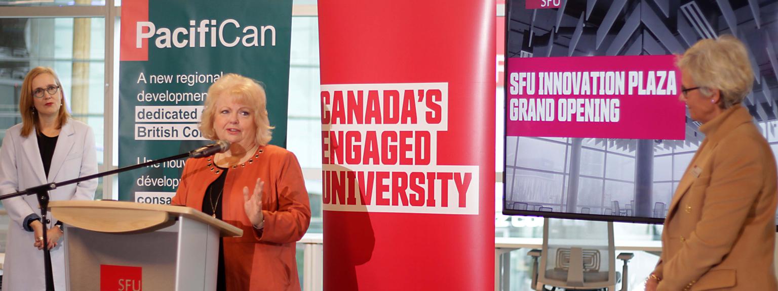 Surrey Mayor Brenda Locke speaks during the grand opening of SFU Innovation Plaza