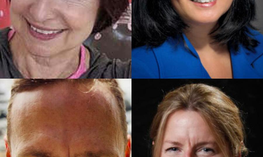 A grid of four podcast presenter's faces