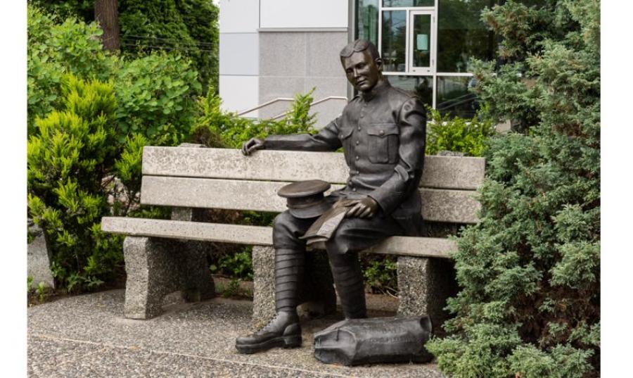 A life-sized bronze sculpture of Lance Corporal Arthur Thomas Fleetwood, a WWI soldier after whom Fleetwood town centre is named