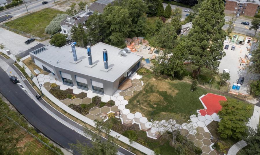 An aerial view of the West Village Energy Centre in City Centre