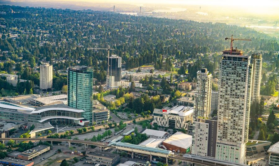 image of SFU amidst downtown buildings in surrey 