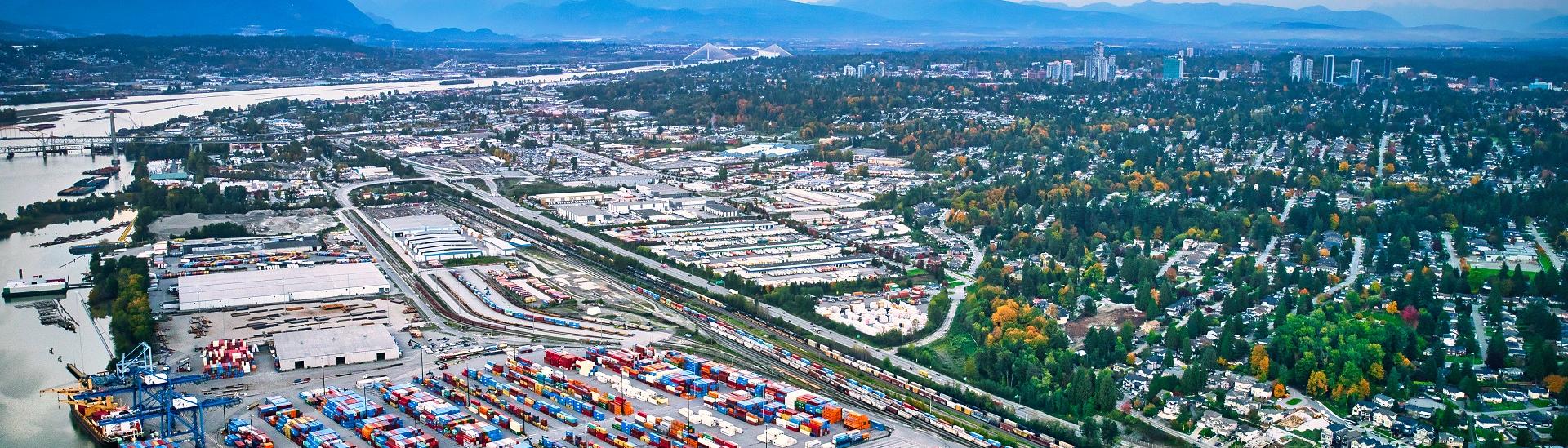 Aerial view of the Fraser River and Surrey docks